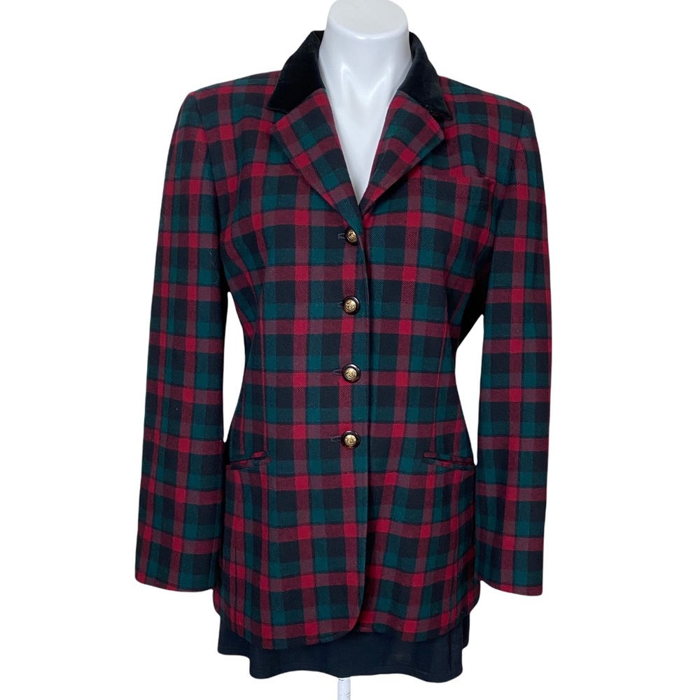 Vintage Red Green Wool Plaid Pendleton Blazer With Velvet Collar - Picture 1 of 13